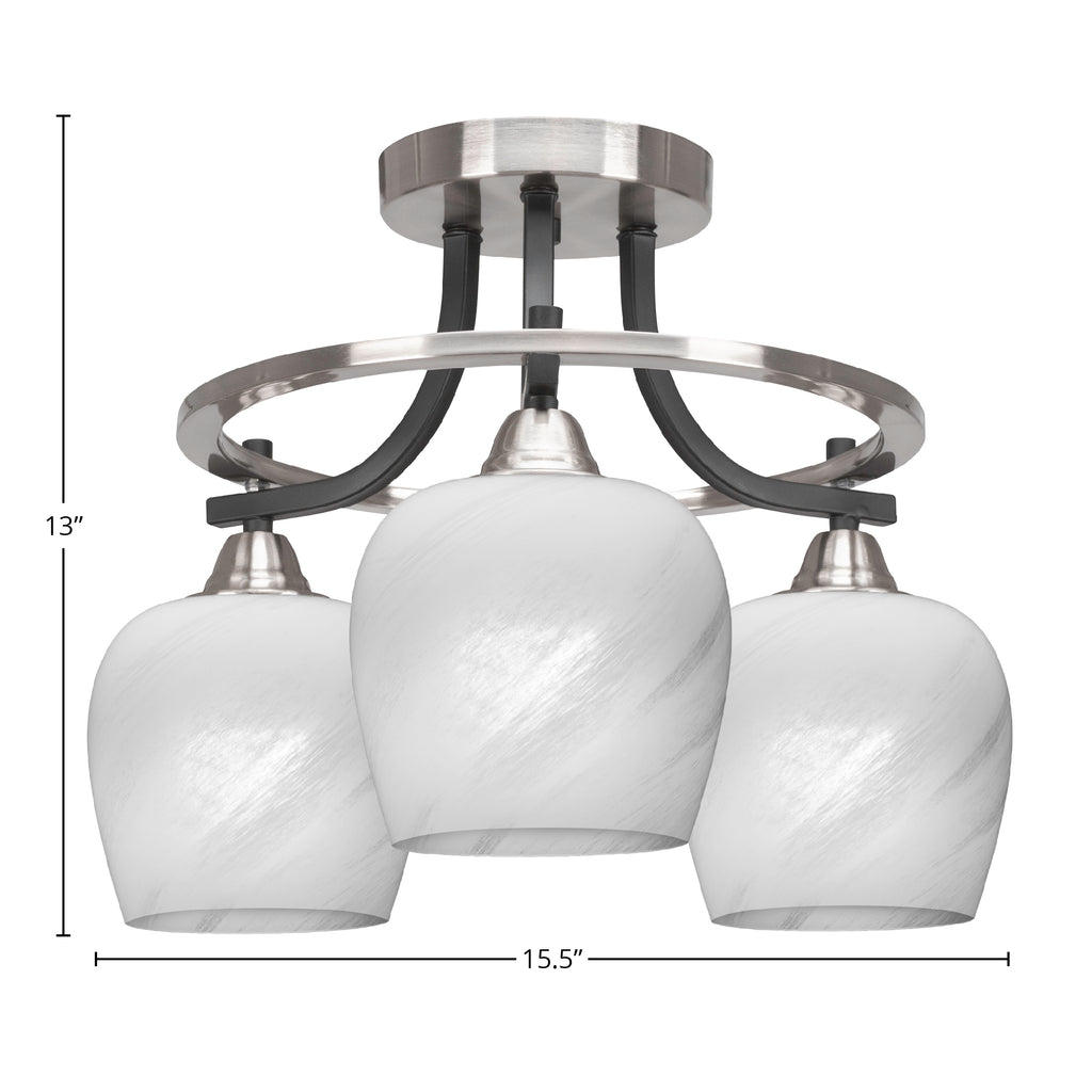 Paramount Three Light Semi-Flush Mount in Matte Black & Brushed Nickel with 6" White Marble Shade