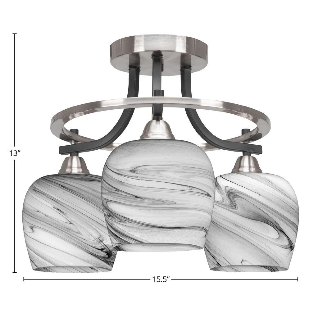 Paramount Three Light Semi-Flush Mount in Matte Black & Brushed Nickel with 6" Onyx Swirl Shade