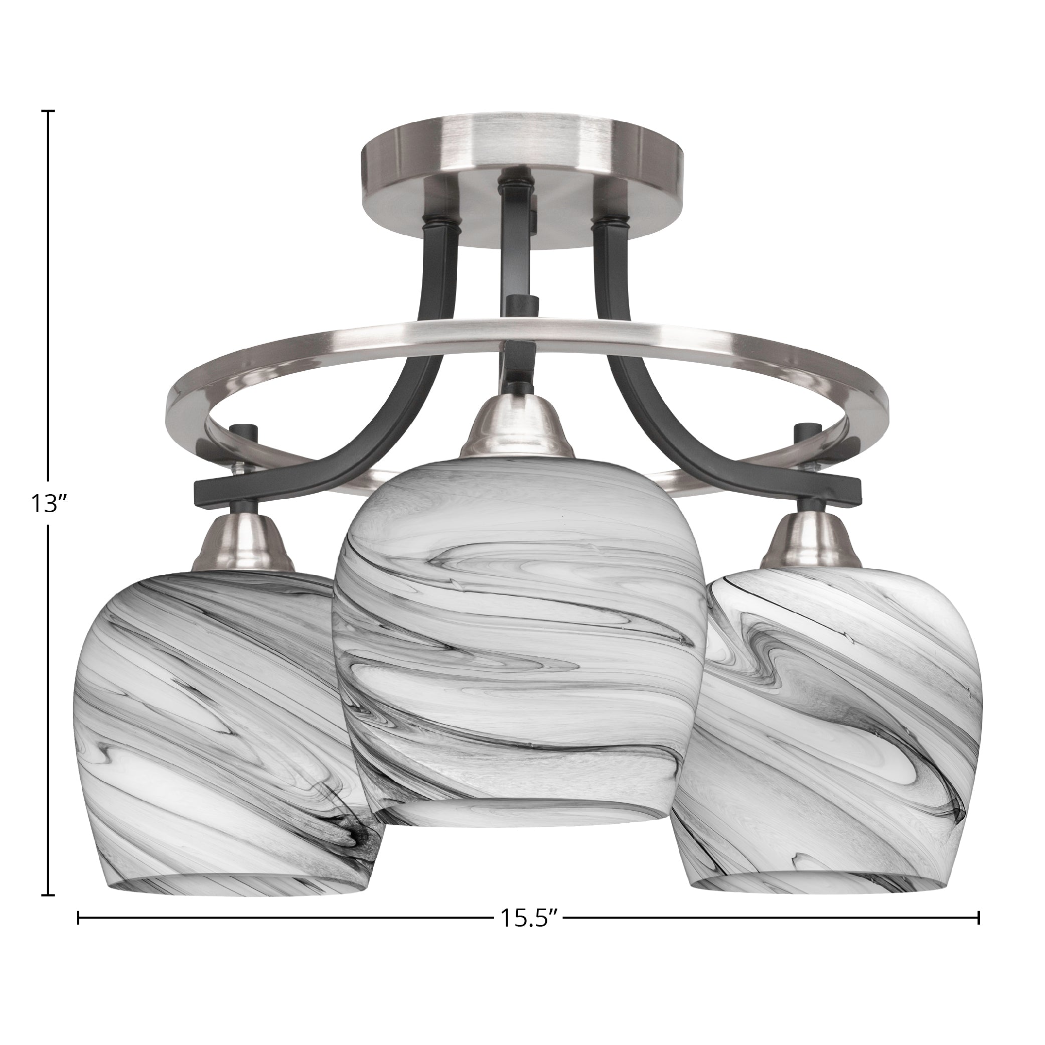 Paramount Three Light Semi-Flush Mount in Matte Black & Brushed Nickel with 6" Onyx Swirl Shade