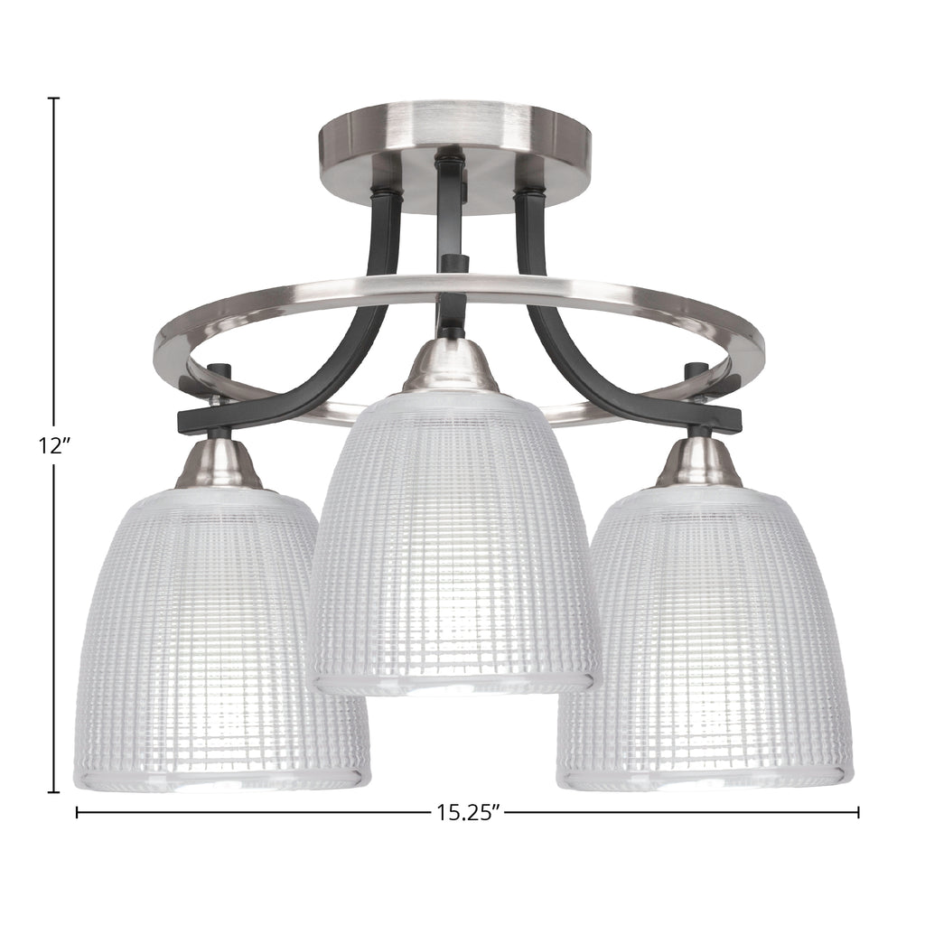 Paramount Three Light Semi-Flush Mount in Matte Black & Brushed Nickel with 5" Clear Ribbed Shade