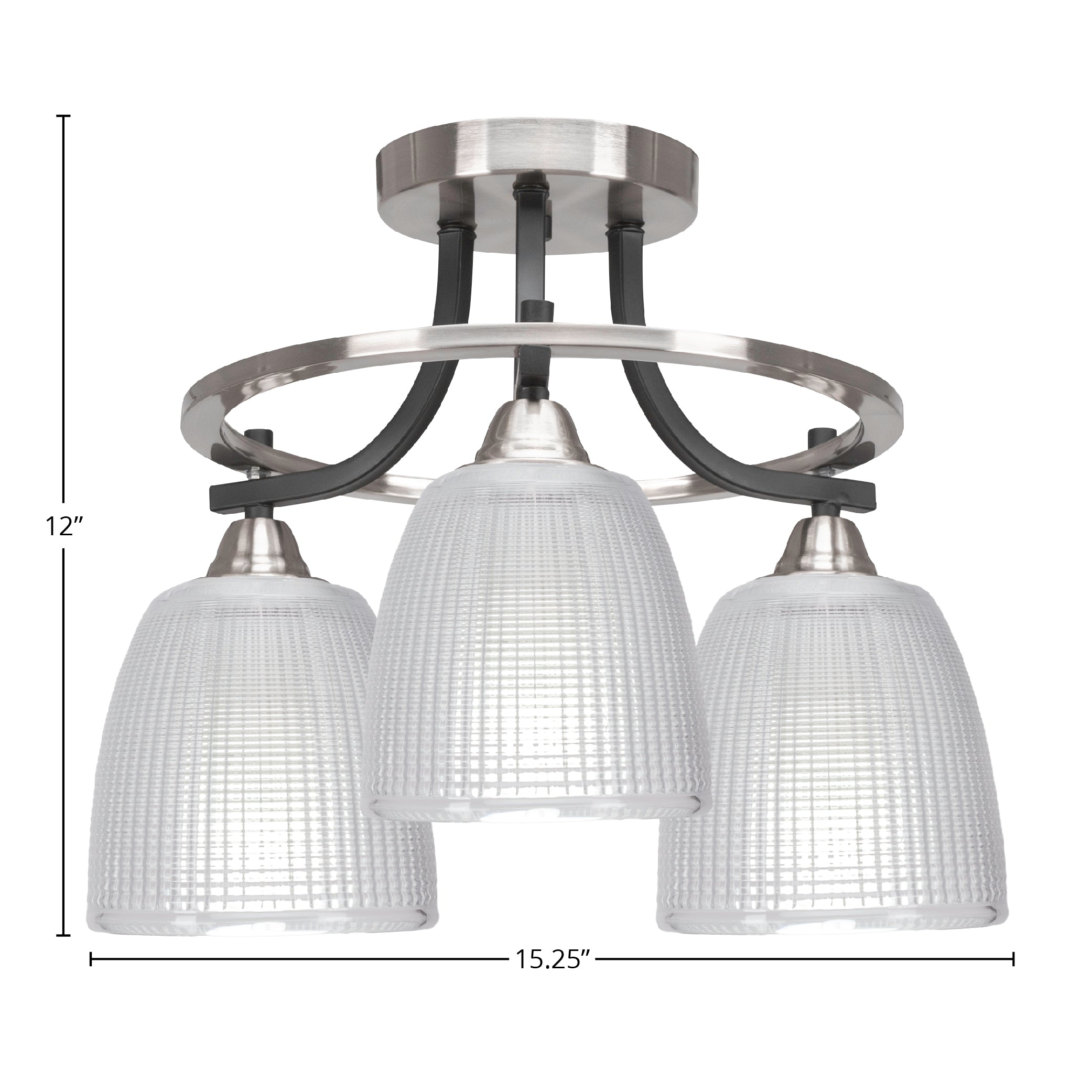Paramount Three Light Semi-Flush Mount in Matte Black & Brushed Nickel with 5" Clear Ribbed Shade