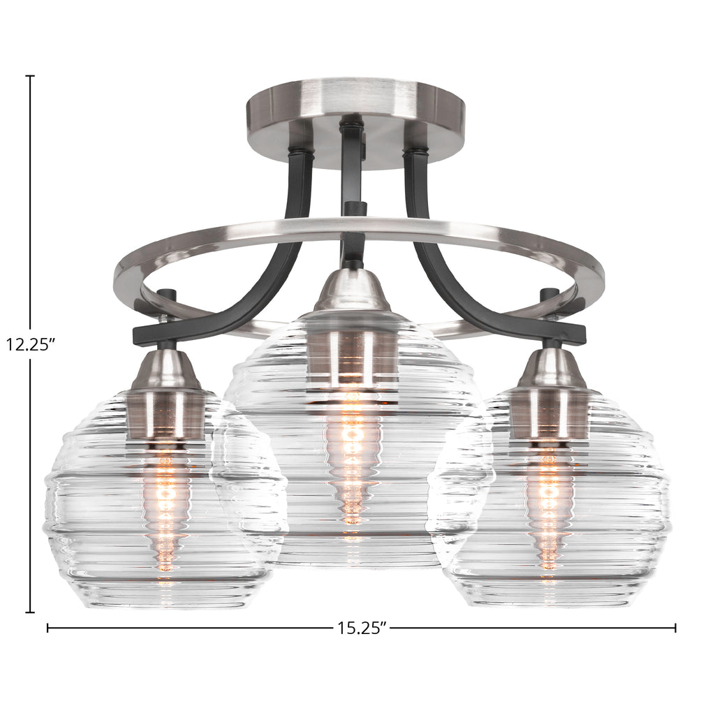 Paramount Three Light Semi-Flush Mount in Matte Black & Brushed Nickel with 6" Clear Ribbed Shade