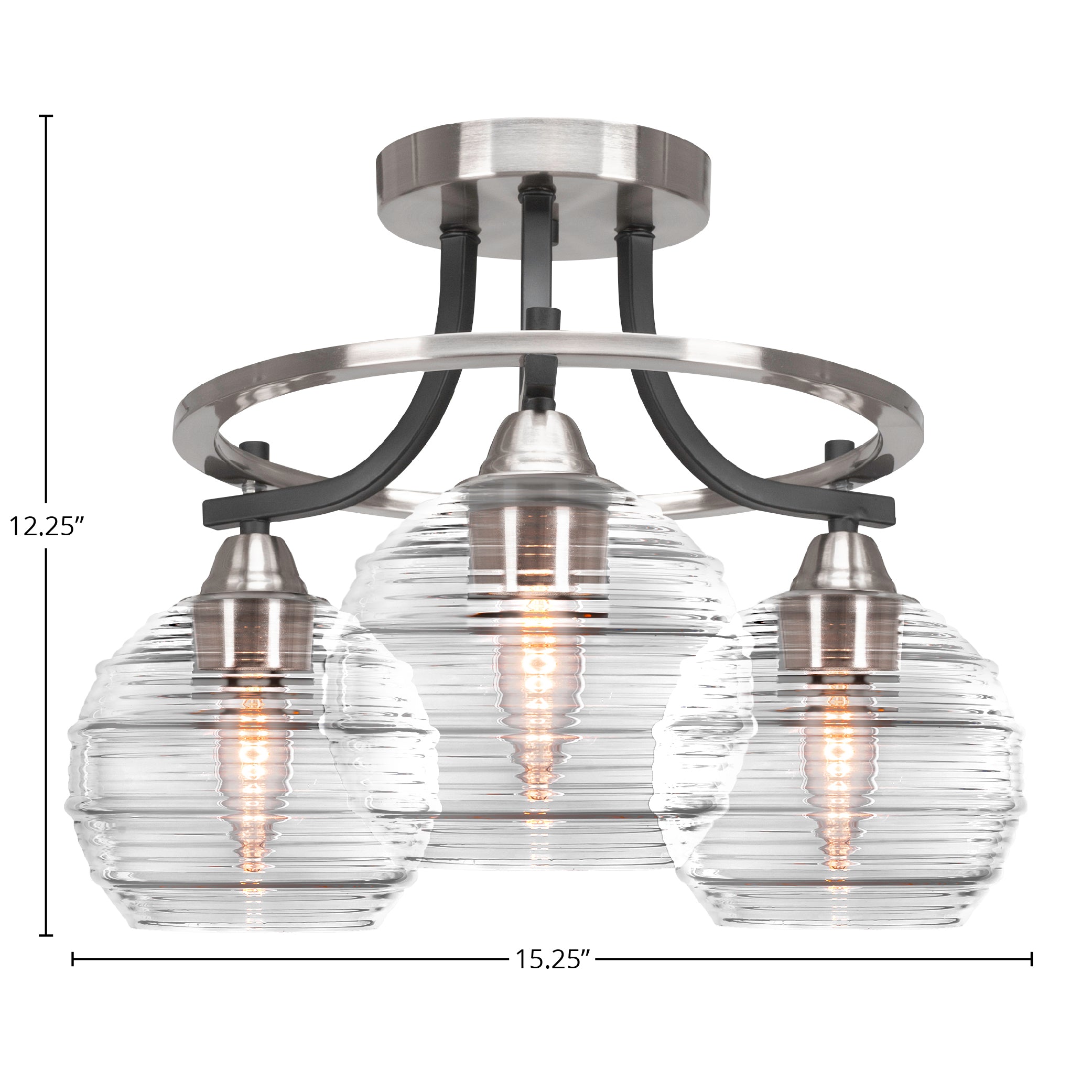 Paramount Three Light Semi-Flush Mount in Matte Black & Brushed Nickel with 6" Clear Ribbed Shade