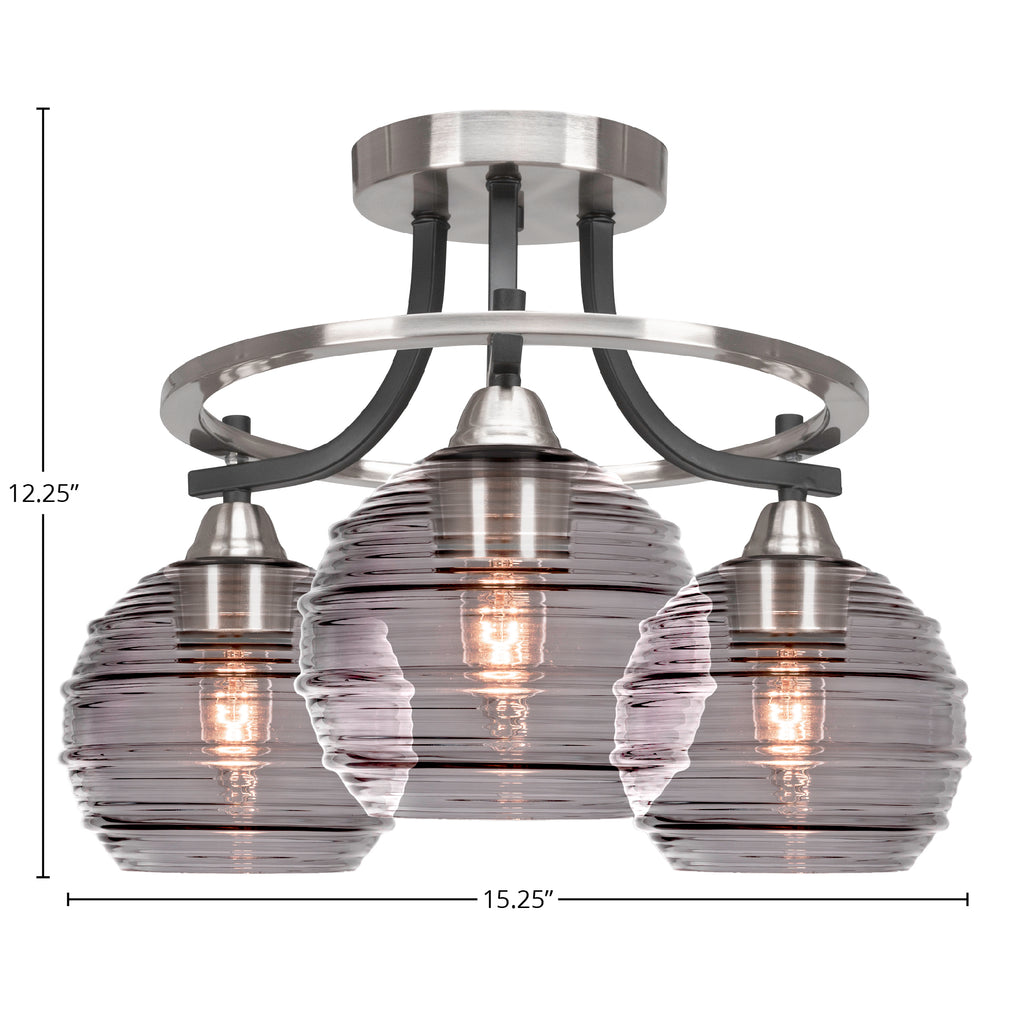Paramount Three Light Semi-Flush Mount in Matte Black & Brushed Nickel with 6" Smoke Ribbed Shade