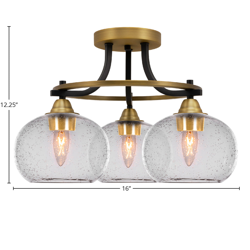 Paramount Three Light Semi-Flush Mount in Matte Black & Brass with 7" Clear Bubble Shade