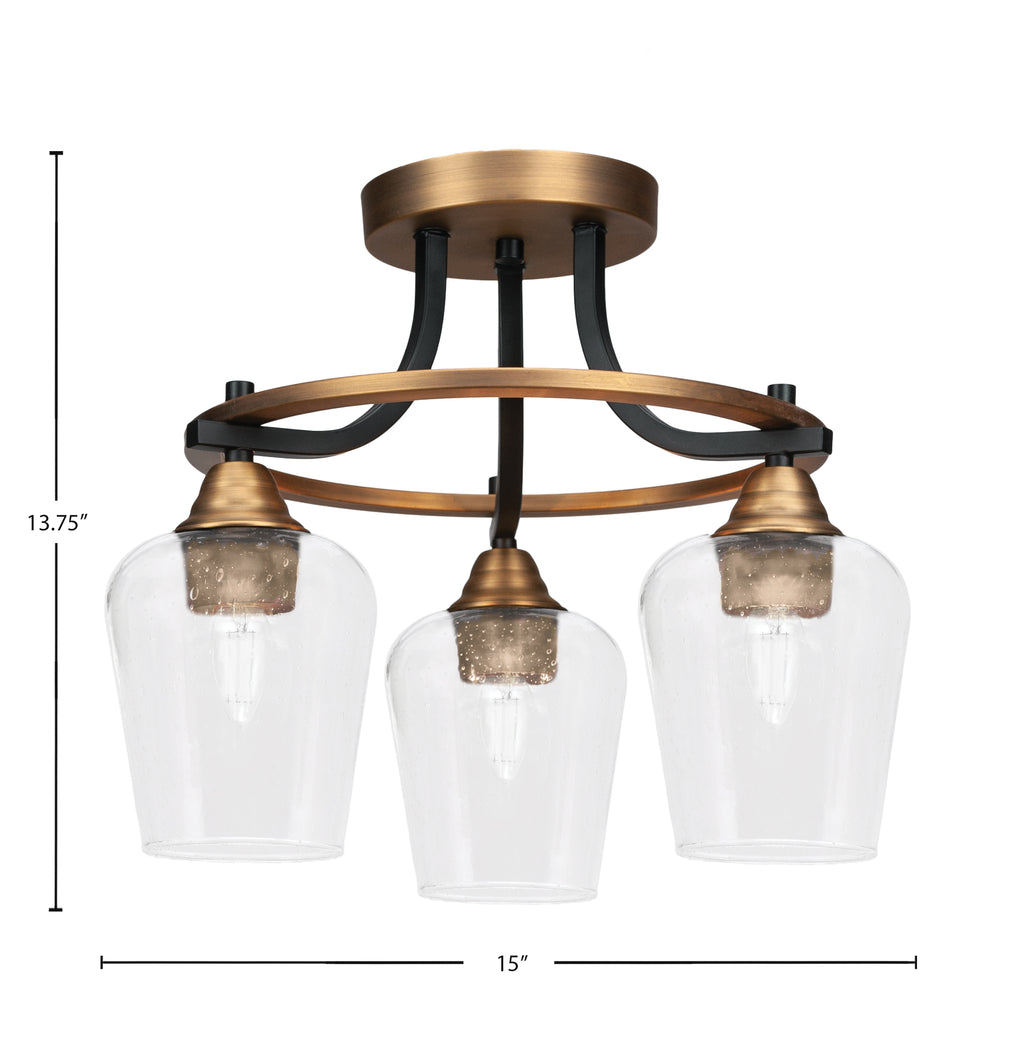 Paramount Three Light Semi-Flush Mount in Matte Black & Brass with 5" Clear Bubble Shade