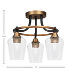 Paramount Three Light Semi-Flush Mount in Matte Black & Brass with 5" Clear Bubble Shade