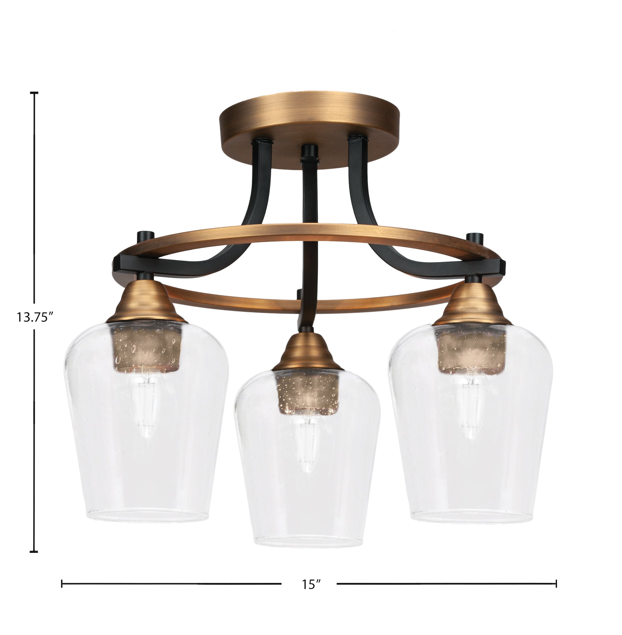 Paramount Three Light Semi-Flush Mount in Matte Black & Brass with 5" Clear Bubble Shade