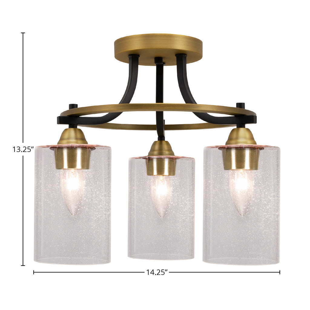 Paramount Three Light Semi-Flush Mount in Matte Black & Brass with 4" Clear Bubble Shade