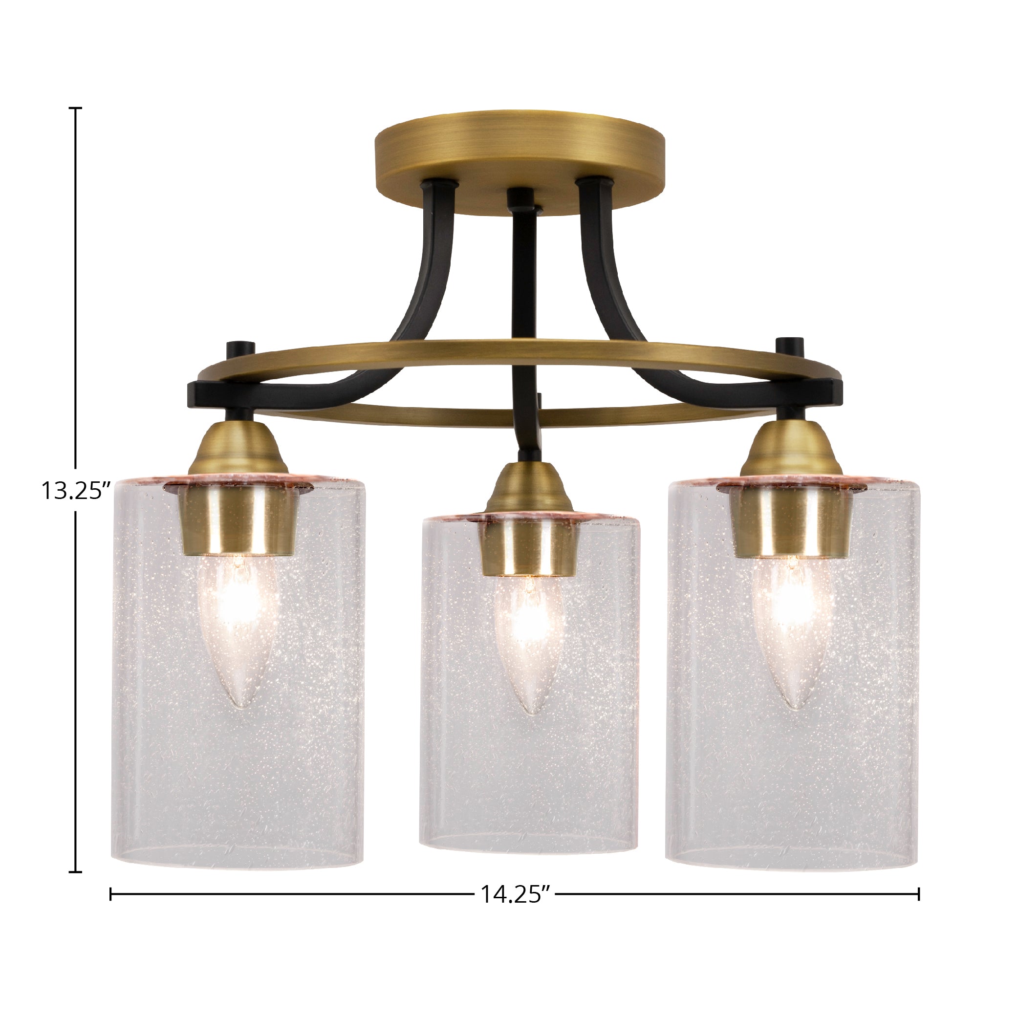 Paramount Three Light Semi-Flush Mount in Matte Black & Brass with 4" Clear Bubble Shade