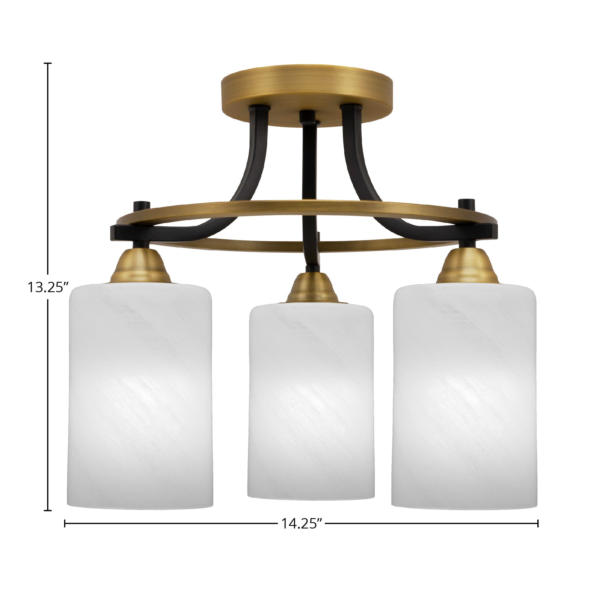Paramount Three Light Semi-Flush Mount in Matte Black & Brass with 4" White Marble Shade