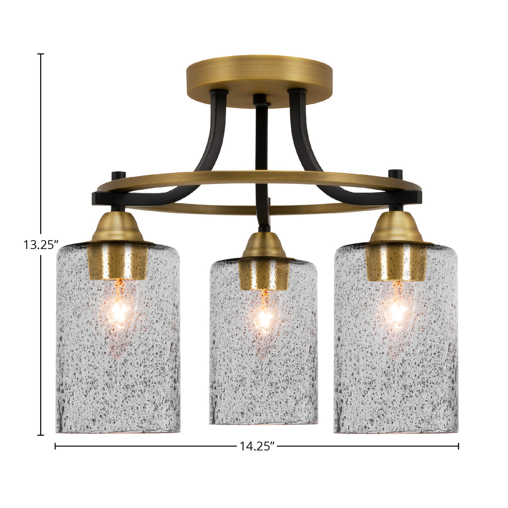 Paramount Three Light Semi-Flush Mount in Matte Black & Brass with 4" Smoke Bubble Shade