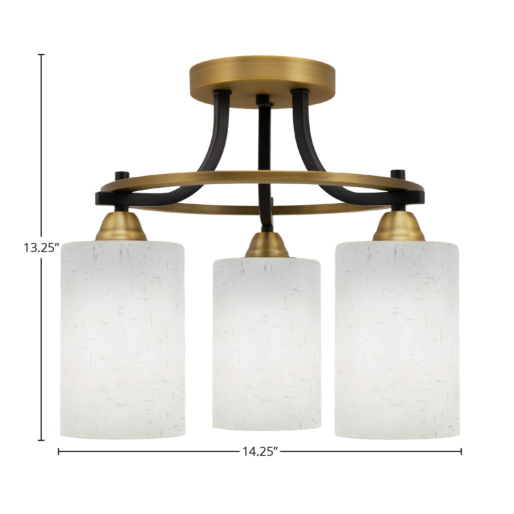 Paramount Three Light Semi-Flush Mount in Matte Black & Brass with 4" White Muslin Shade