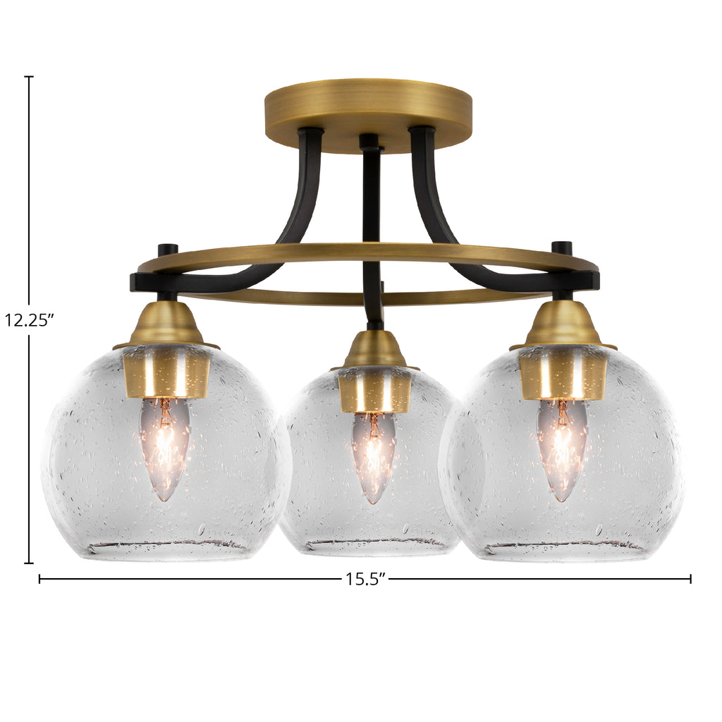 Paramount Three Light Semi-Flush Mount in Matte Black & Brass with 5.75" Clear Bubble Shade