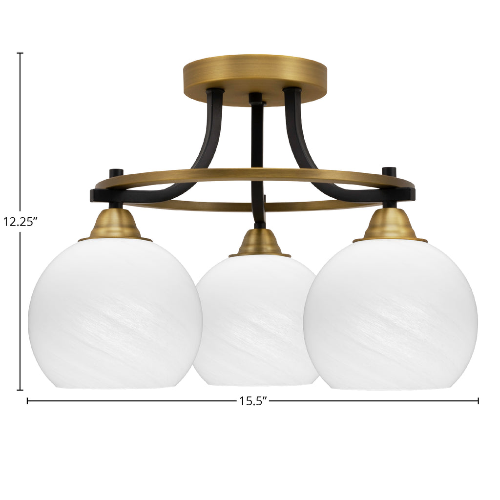 Paramount Three Light Semi-Flush Mount in Matte Black & Brass with 5.75" White Marble Shade