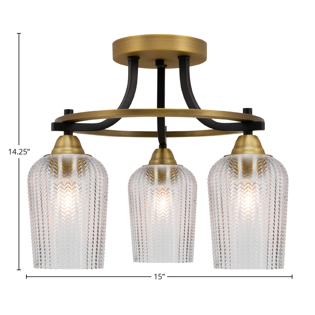 Paramount Three Light Semi-Flush Mount in Matte Black & Brass with 5" Clear Textured Shade