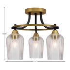 Paramount Three Light Semi-Flush Mount in Matte Black & Brass with 5" Clear Textured Shade