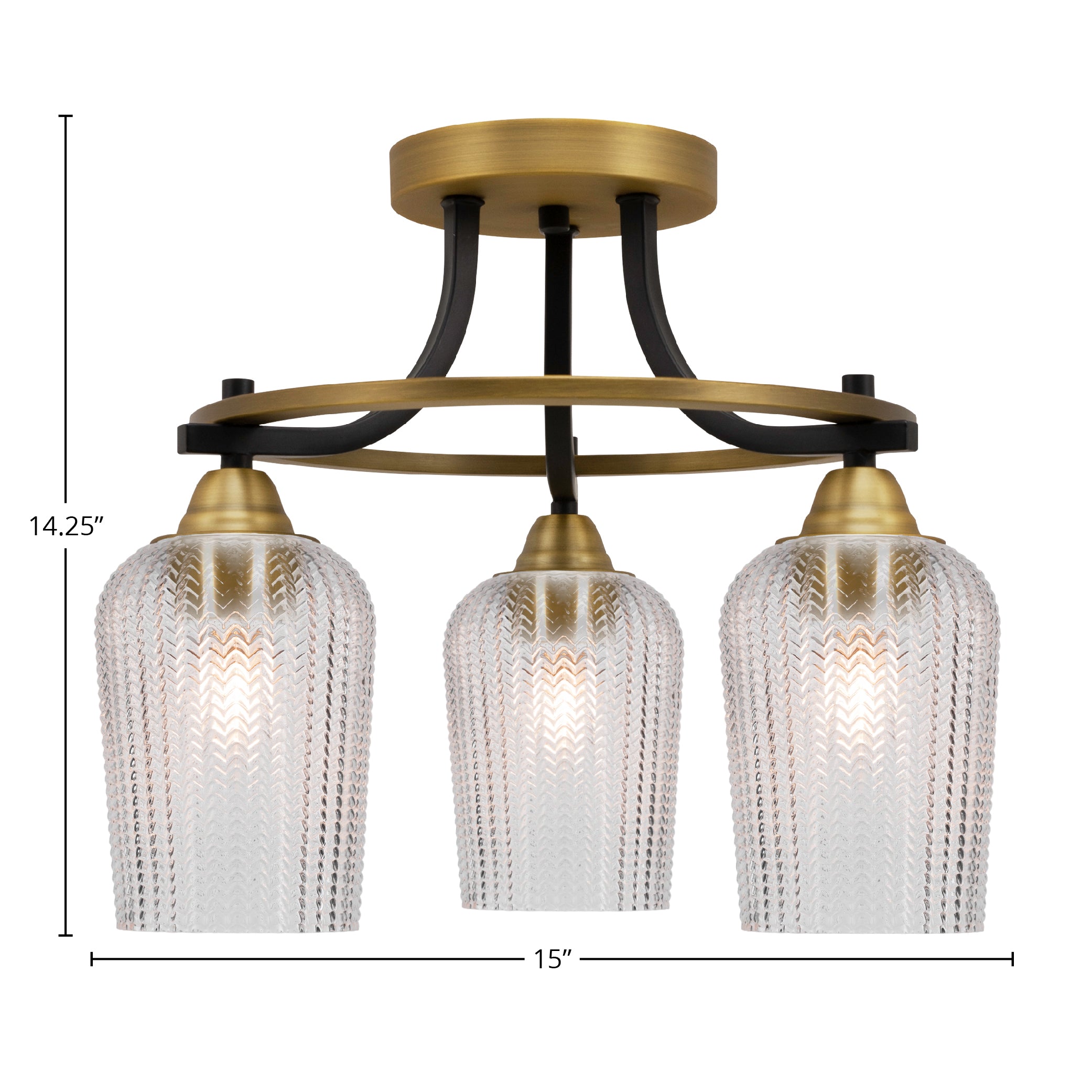 Paramount Three Light Semi-Flush Mount in Matte Black & Brass with 5" Clear Textured Shade