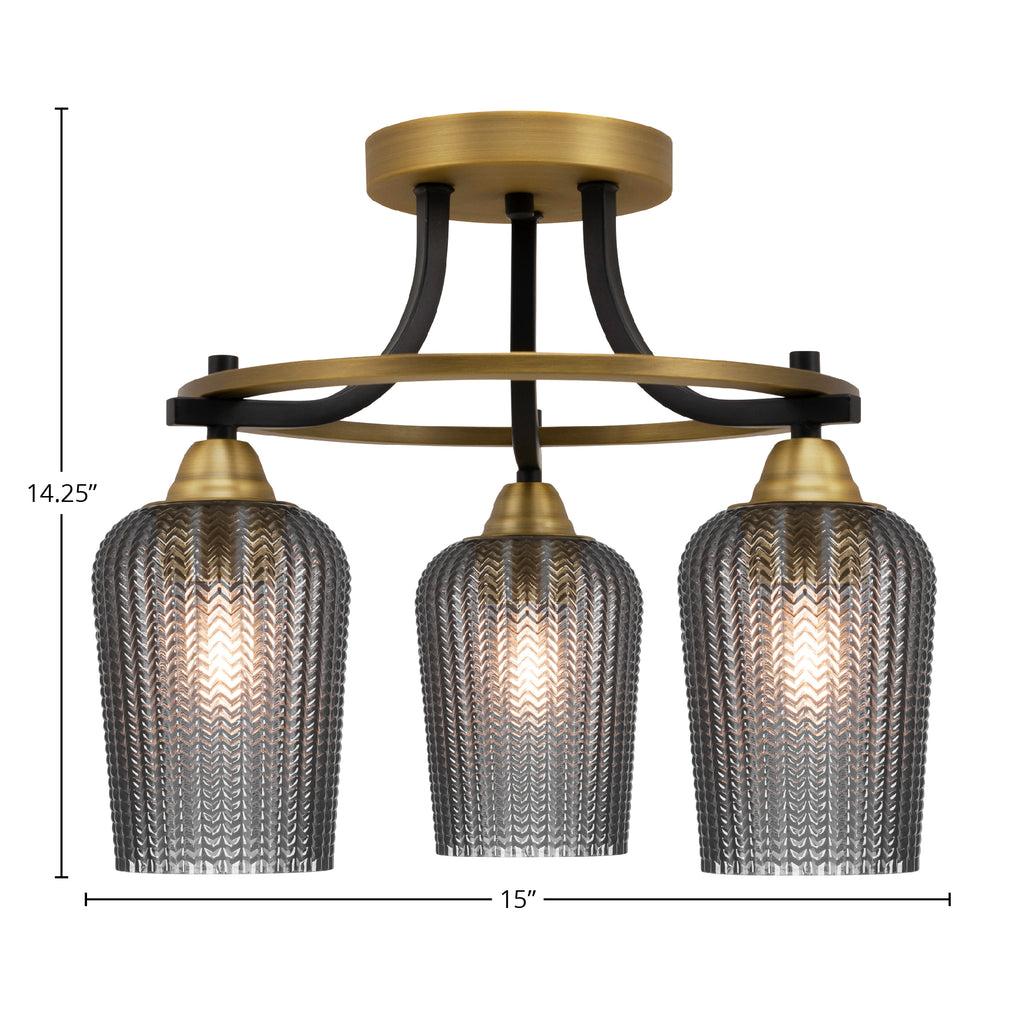 Paramount Three Light Semi-Flush Mount in Matte Black & Brass with 5" Smoke Textured Shade