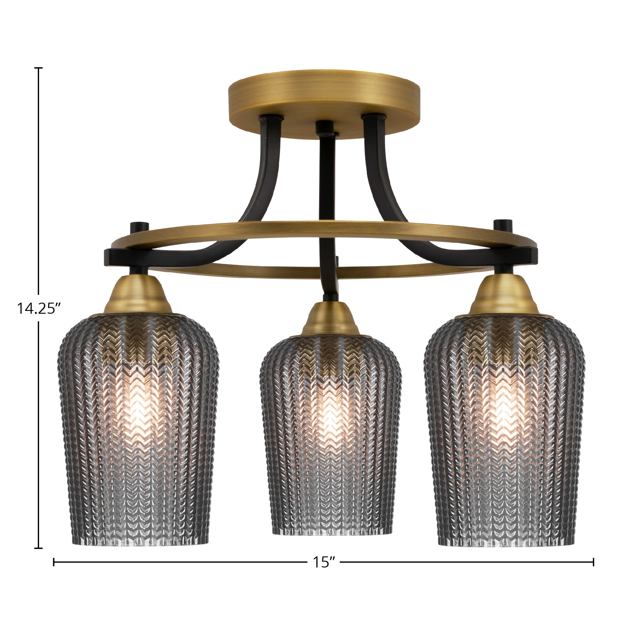 Paramount Three Light Semi-Flush Mount in Matte Black & Brass with 5" Smoke Textured Shade