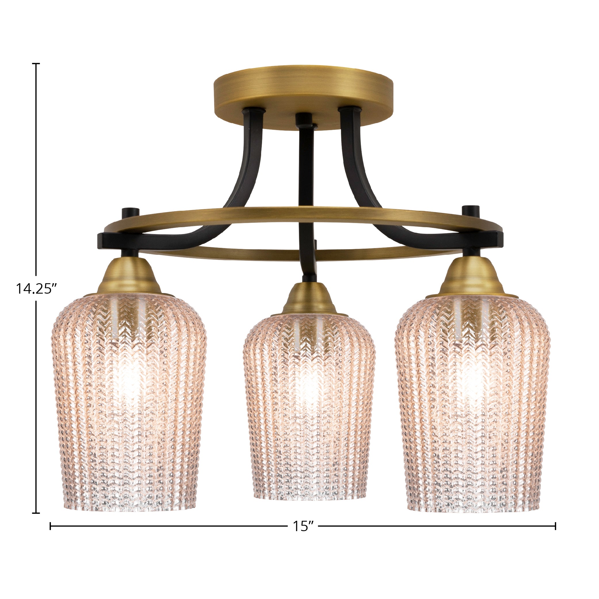Paramount Three Light Semi-Flush Mount in Matte Black & Brass with 5" Silver Textured Shade
