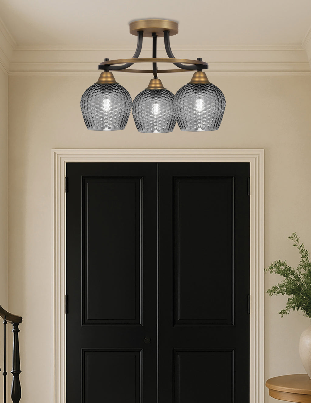 Paramount Three Light Semi-Flush Mount in Matte Black & Brass with Smoke Textured Shade