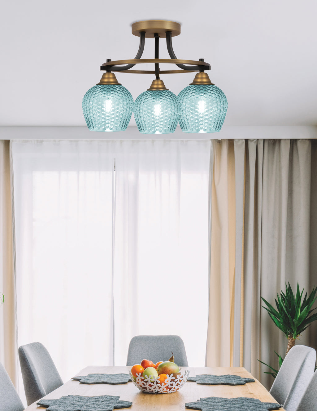 Paramount Three Light Semi-Flush Mount in Matte Black & Brass with Turquoise Textured Shade