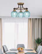 Paramount Three Light Semi-Flush Mount in Matte Black & Brass with Turquoise Textured Shade