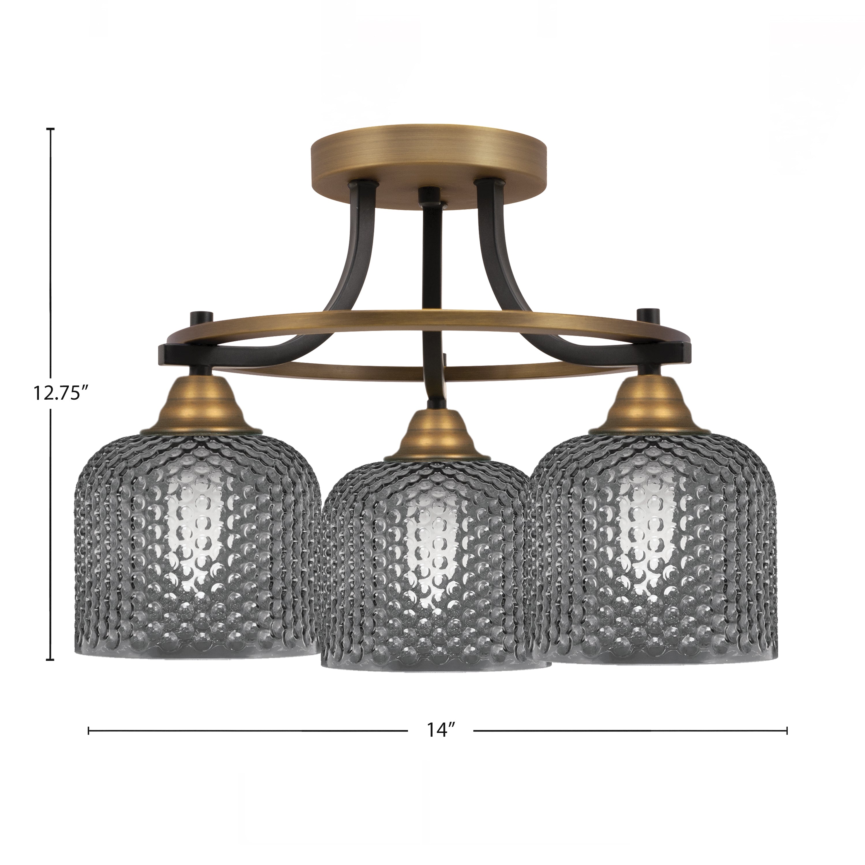 Paramount Three Light Semi-Flush Mount in Matte Black & Brass with Smoke Textured Shade