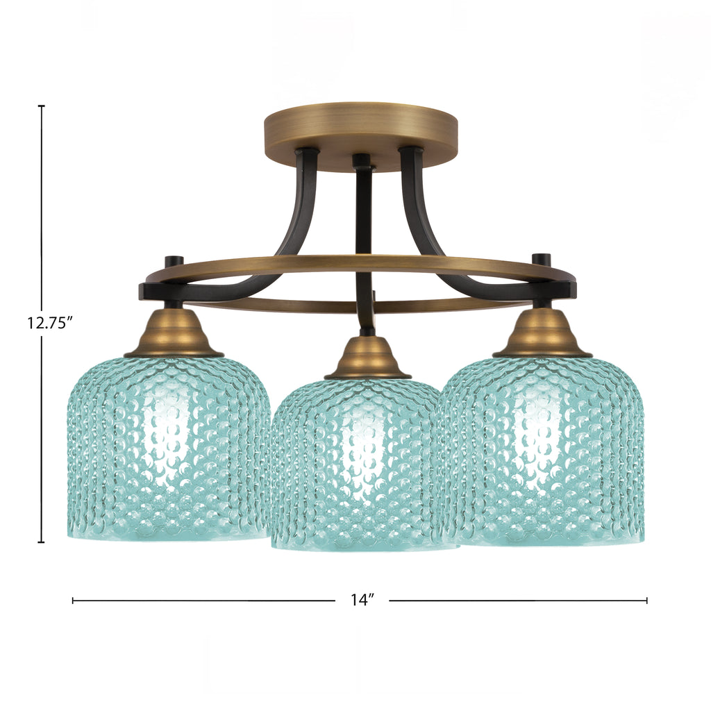 Paramount Three Light Semi-Flush Mount in Matte Black & Brass with Turquoise Textured Shade