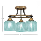 Paramount Three Light Semi-Flush Mount in Matte Black & Brass with Turquoise Textured Shade