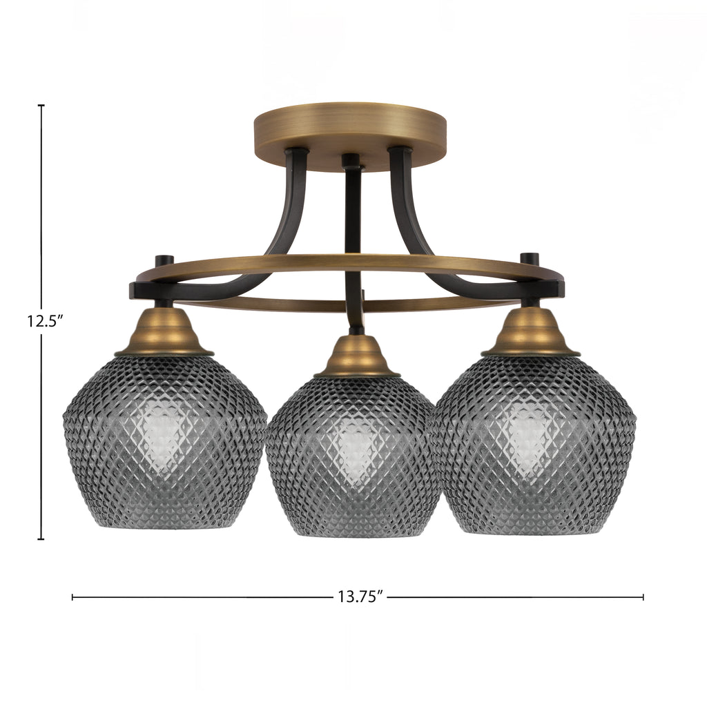 Paramount Three Light Semi-Flush Mount in Matte Black & Brass with Smoke Textured Shade