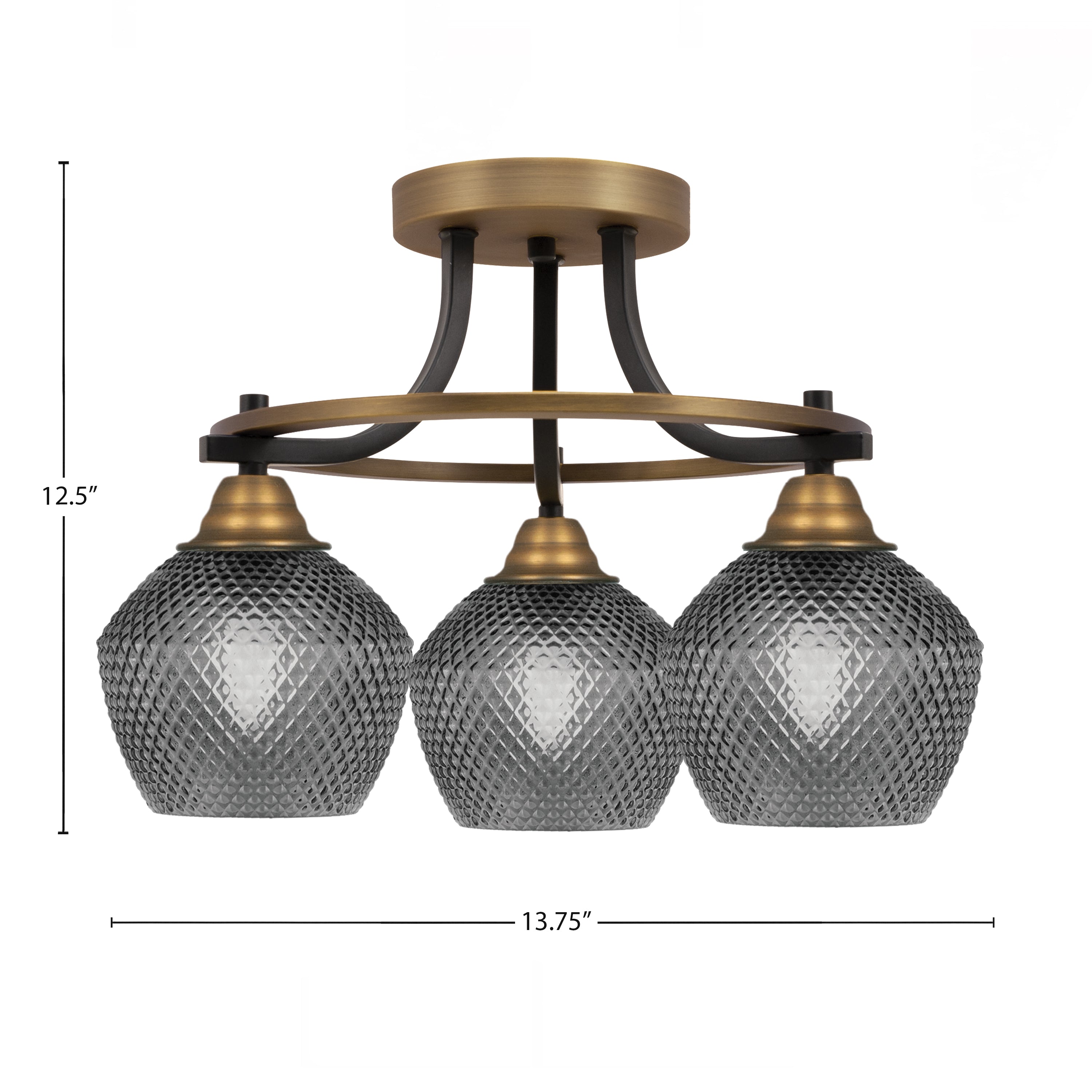 Paramount Three Light Semi-Flush Mount in Matte Black & Brass with Smoke Textured Shade