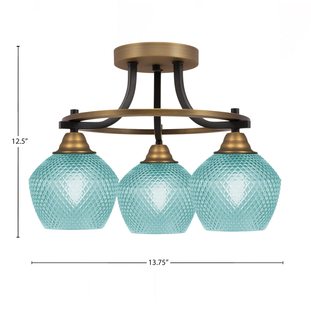 Paramount Three Light Semi-Flush Mount in Matte Black & Brass with Turquoise Textured Shade