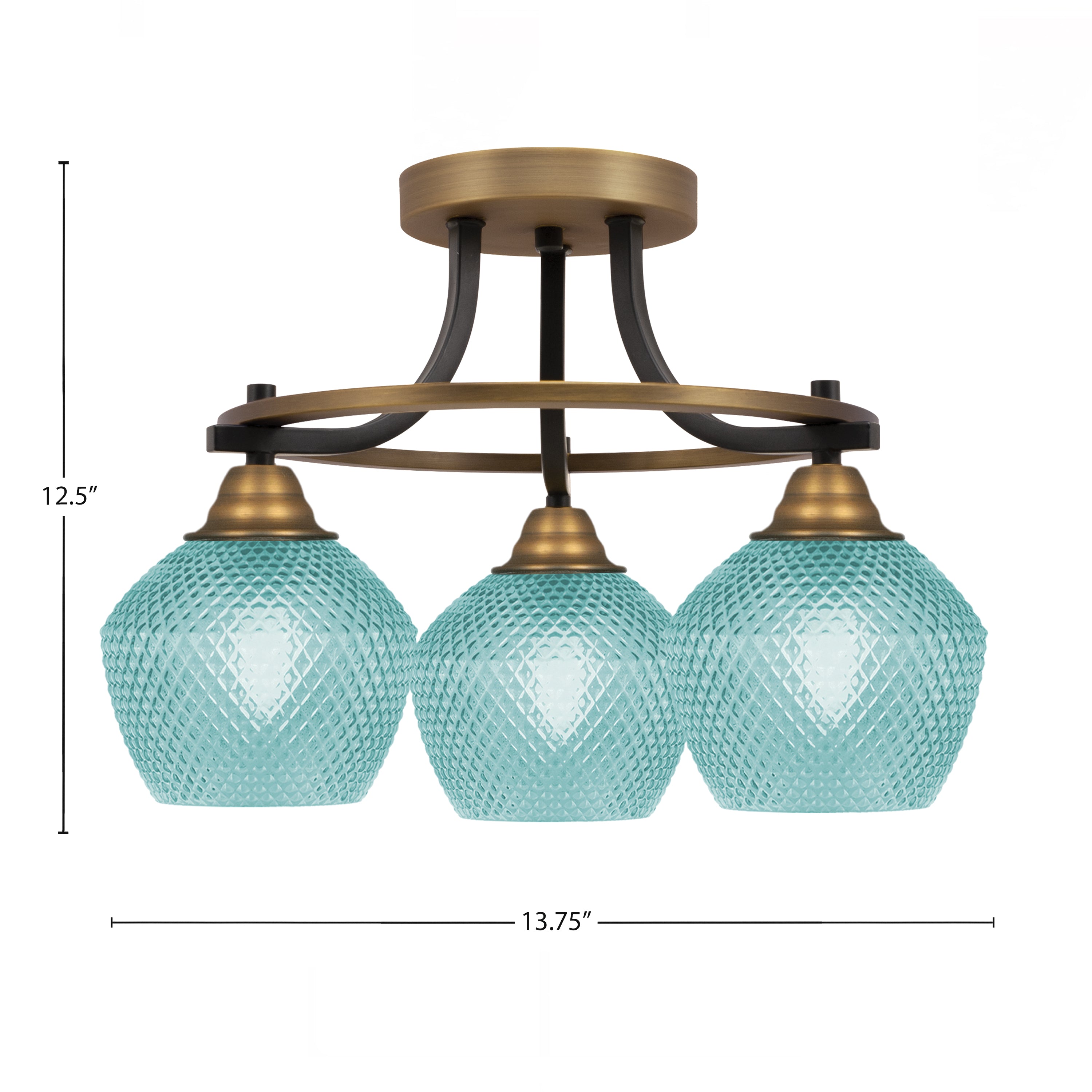 Paramount Three Light Semi-Flush Mount in Matte Black & Brass with Turquoise Textured Shade