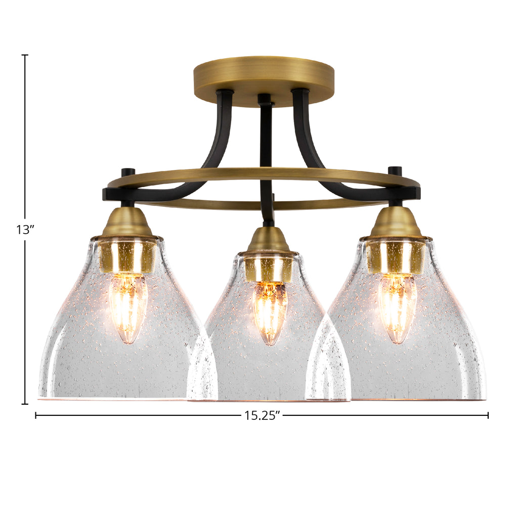 Paramount Three Light Semi-Flush Mount in Matte Black & Brass with 6.25" Clear Bubble Shade