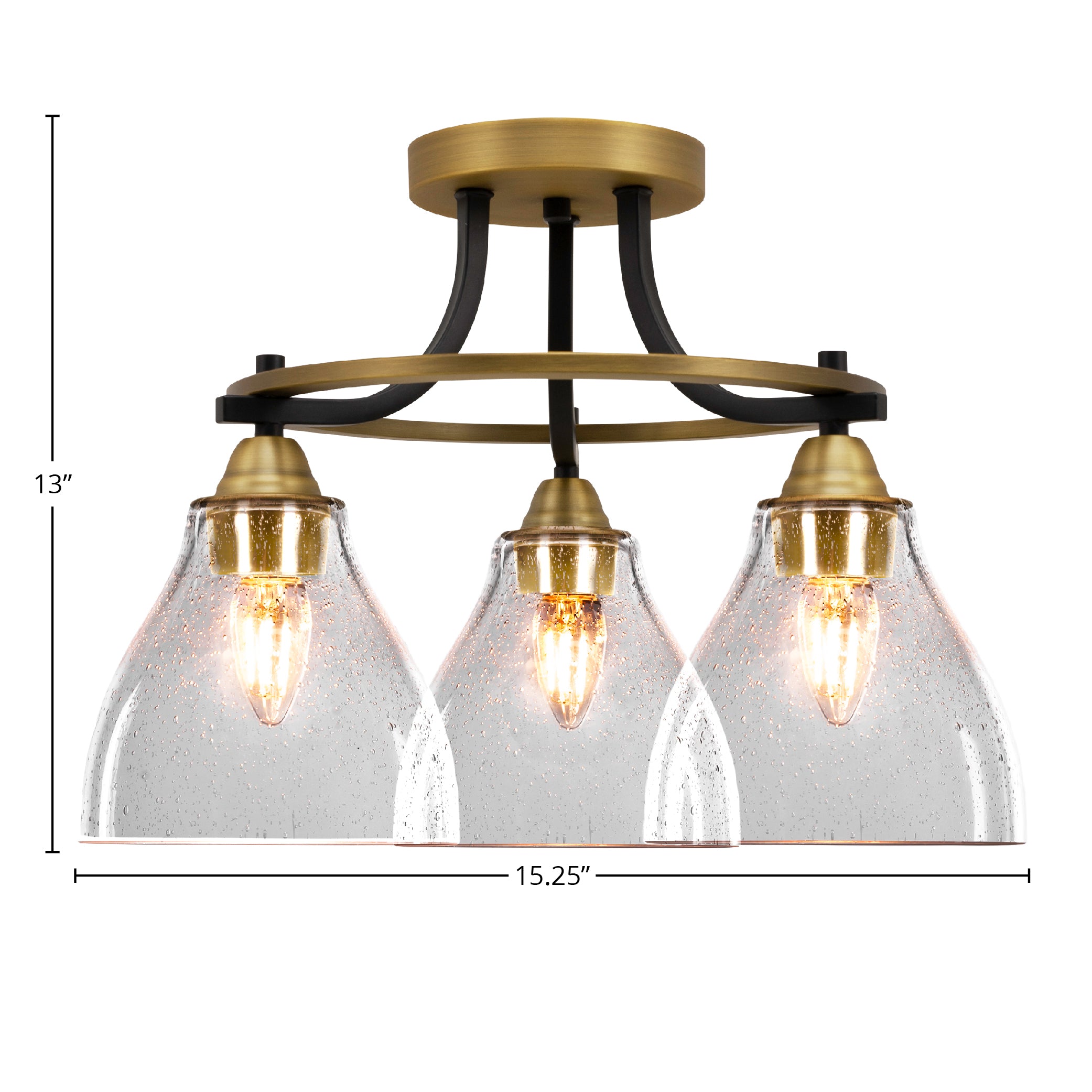 Paramount Three Light Semi-Flush Mount in Matte Black & Brass with 6.25" Clear Bubble Shade