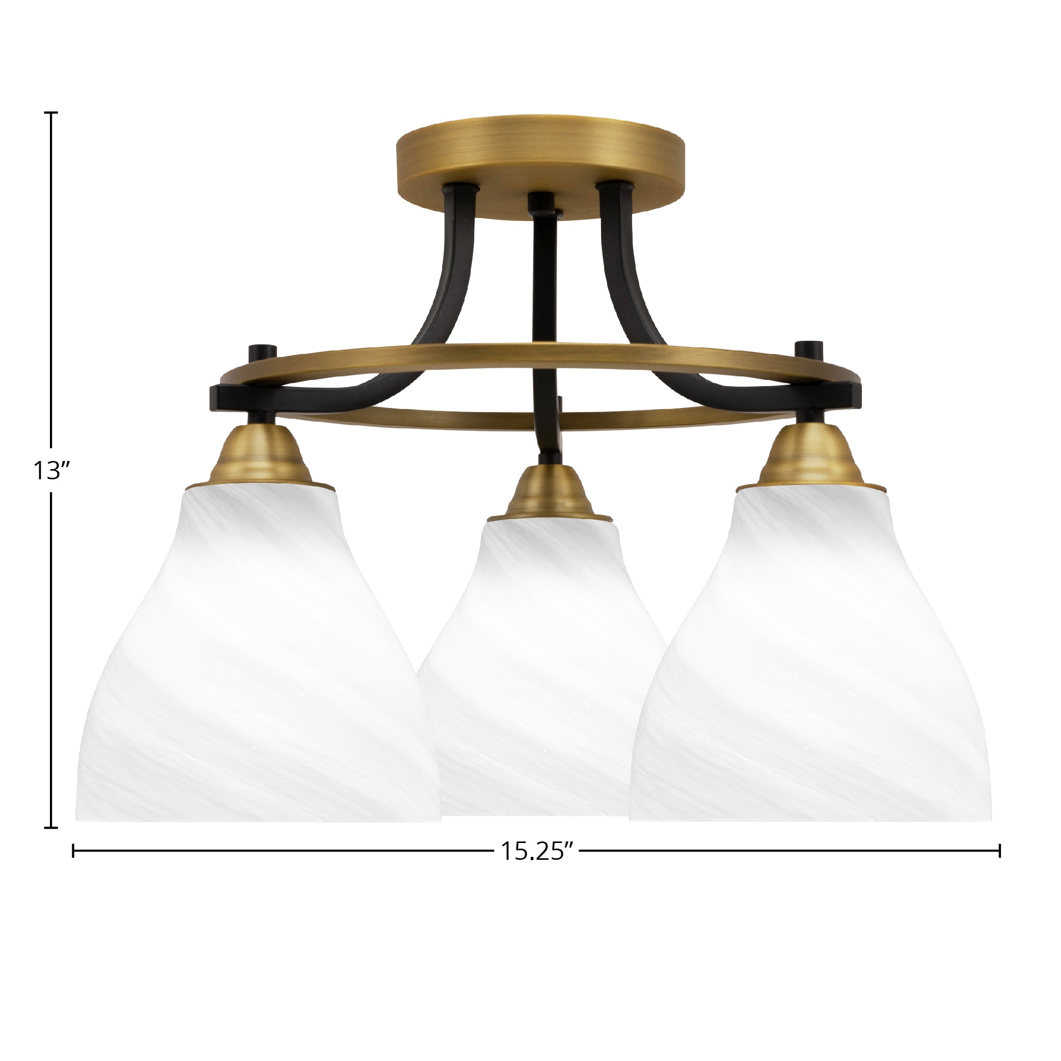 Paramount Three Light Semi-Flush Mount in Matte Black & Brass with 6.25" White Marble Shade