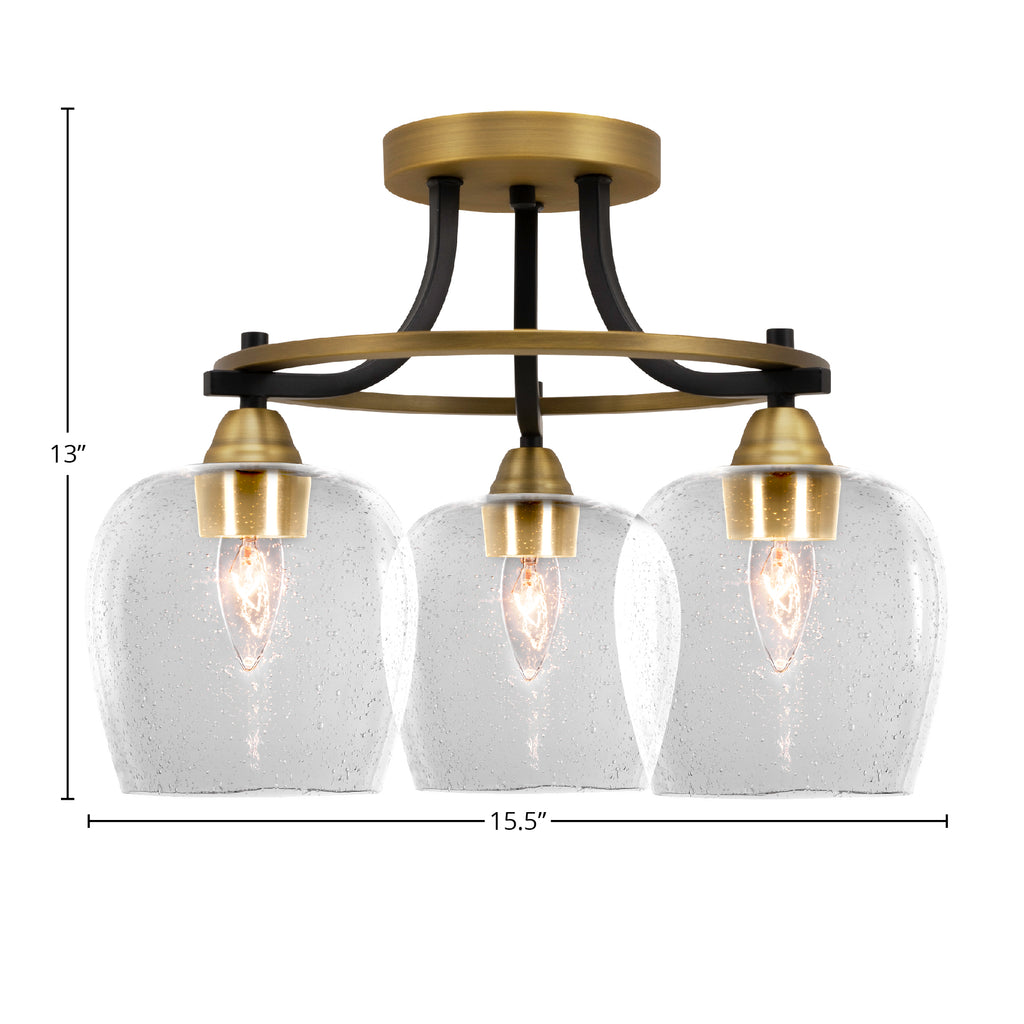 Paramount Three Light Semi-Flush Mount in Matte Black & Brass with 6" Clear Bubble Shade