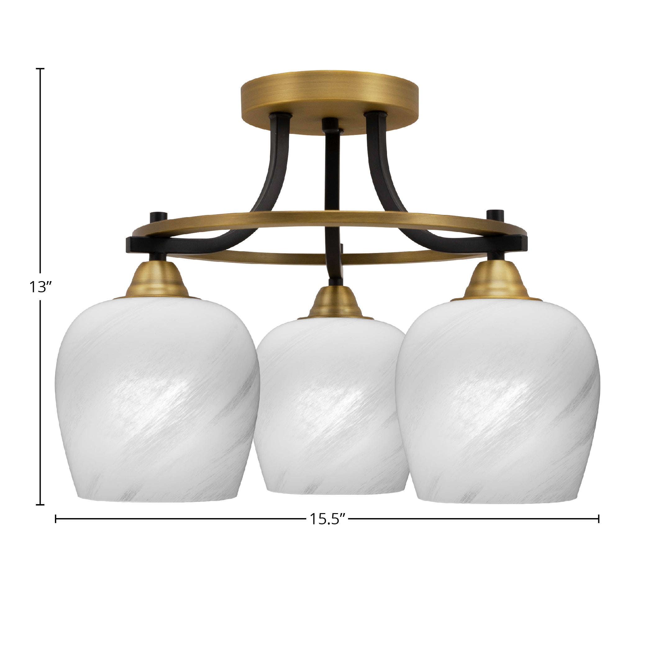 Paramount Three Light Semi-Flush Mount in Matte Black & Brass with 6" White Marble Shade
