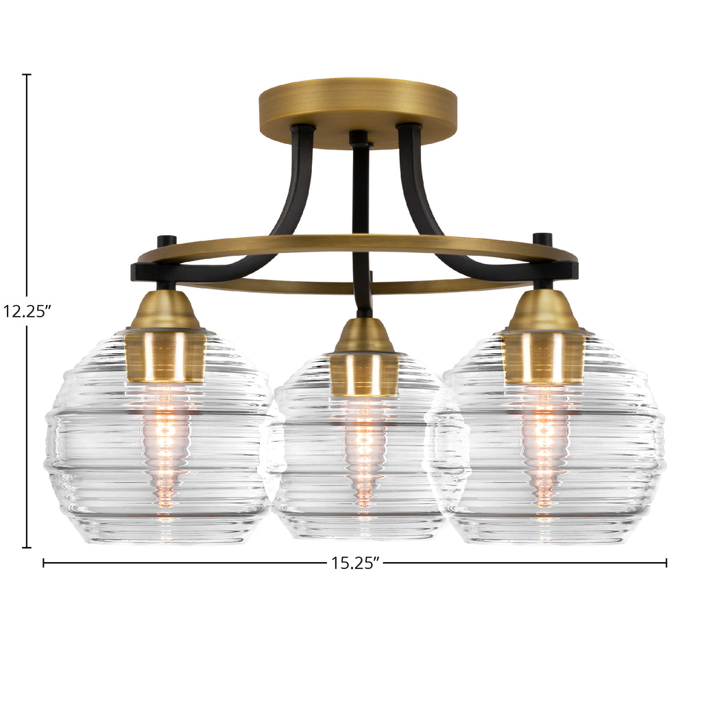 Paramount Three Light Semi-Flush Mount in Matte Black & Brass with 6" Clear Ribbed Shade