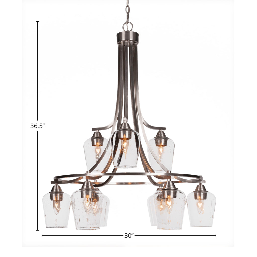 Paramount Nine Light Chandelier in Brushed Nickel with 5" Clear Bubble Shade