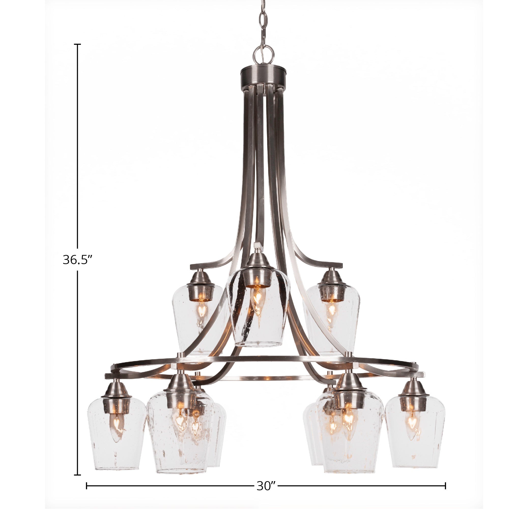 Paramount Nine Light Chandelier in Brushed Nickel with 5" Clear Bubble Shade