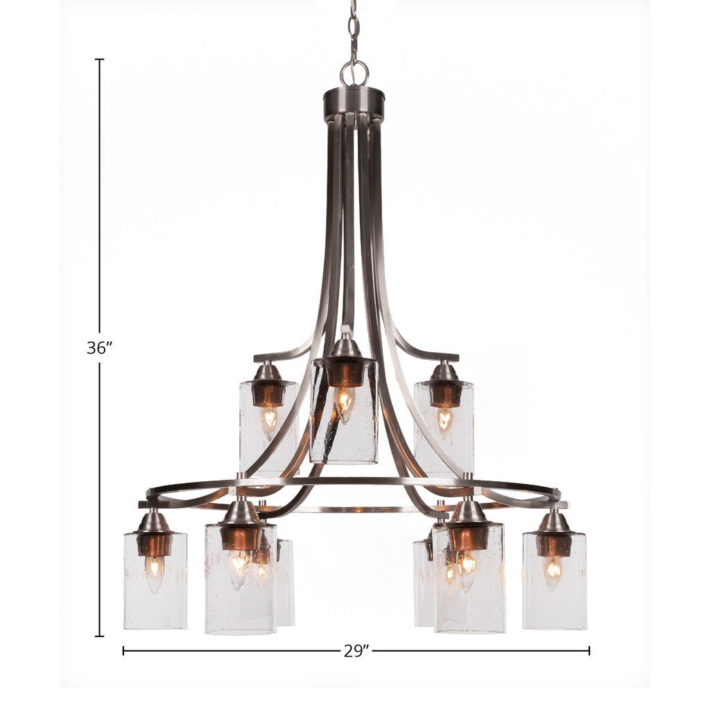 Paramount Nine Light Chandelier in Brushed Nickel with 4" Clear Bubble Shade