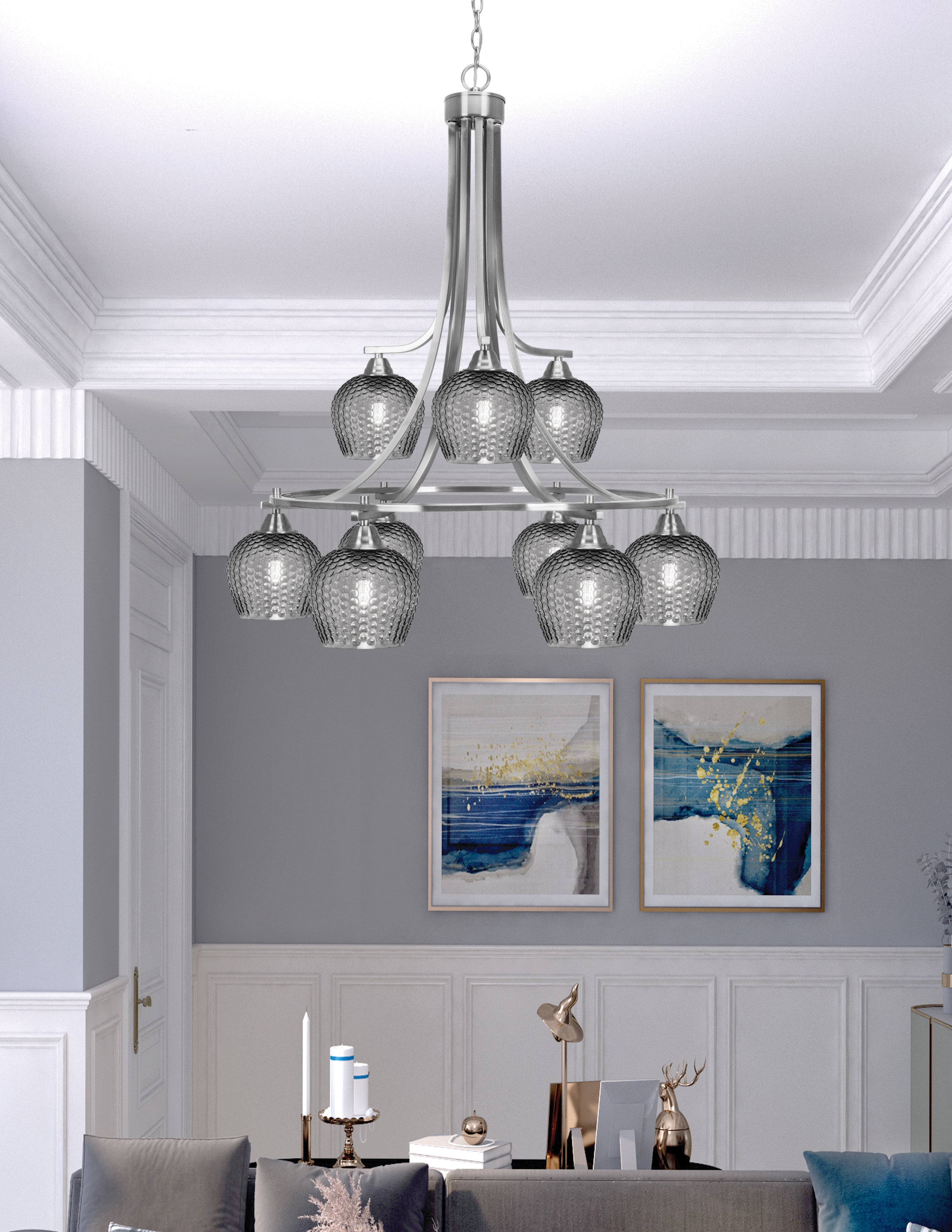 Paramount Nine Light Chandelier in Brushed Nickel with Smoke Textured Shade