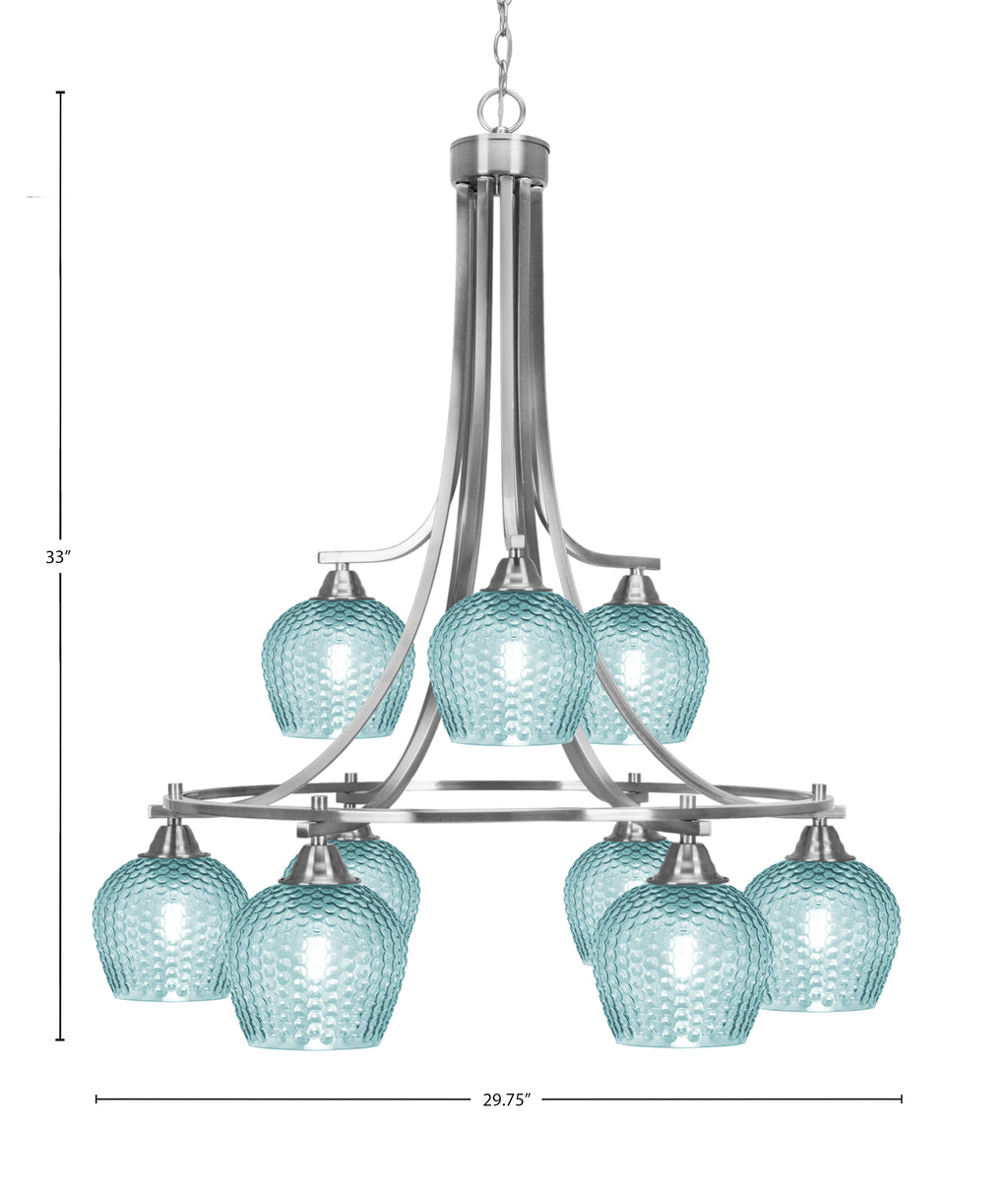 Paramount Nine Light Chandelier in Brushed Nickel with Turquoise Textured Shade