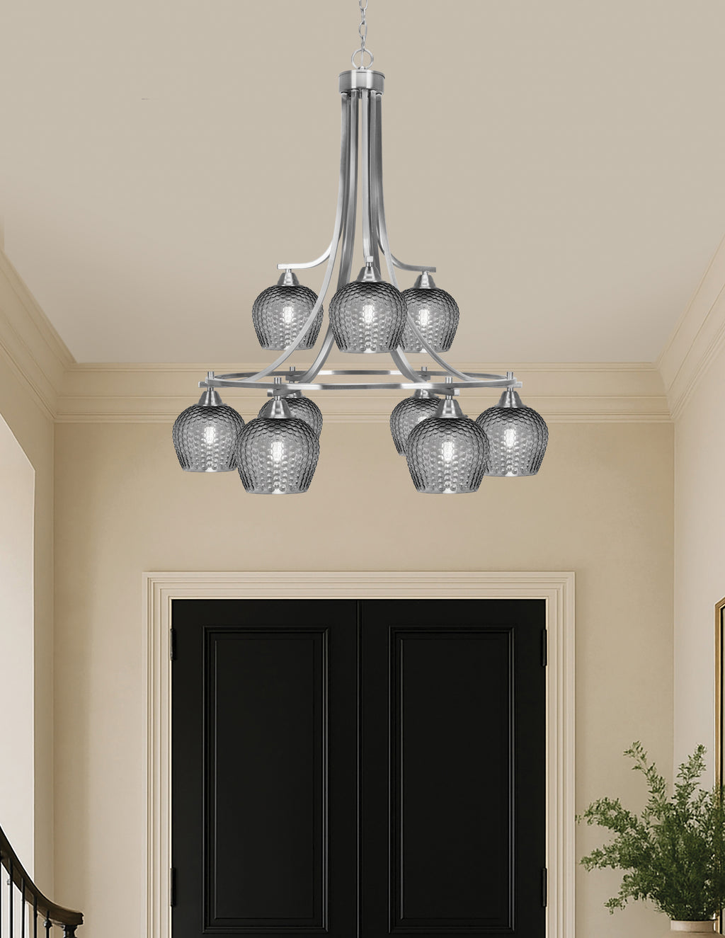 Paramount Nine Light Chandelier in Brushed Nickel with Smoke Textured Shade