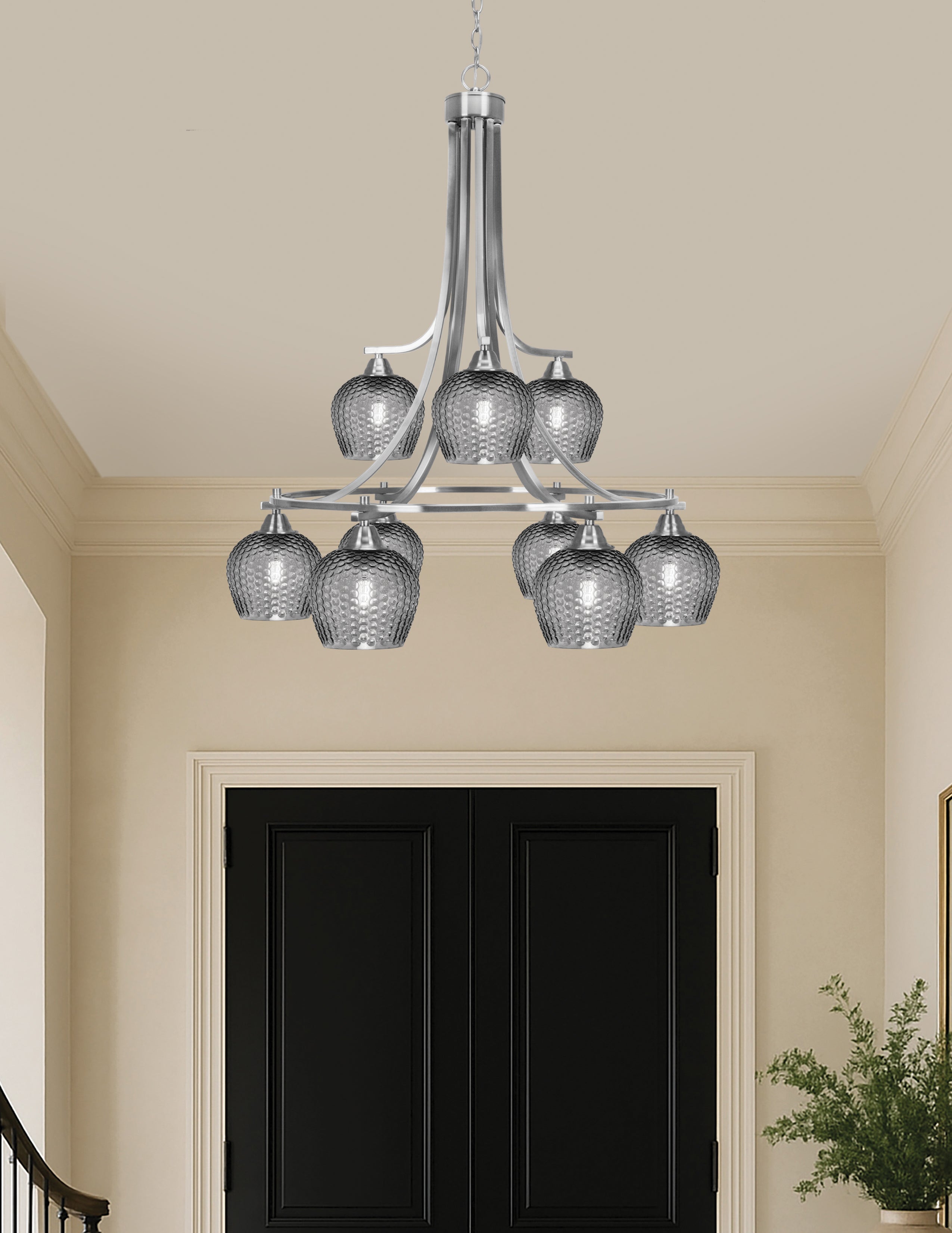 Paramount Nine Light Chandelier in Brushed Nickel with Smoke Textured Shade