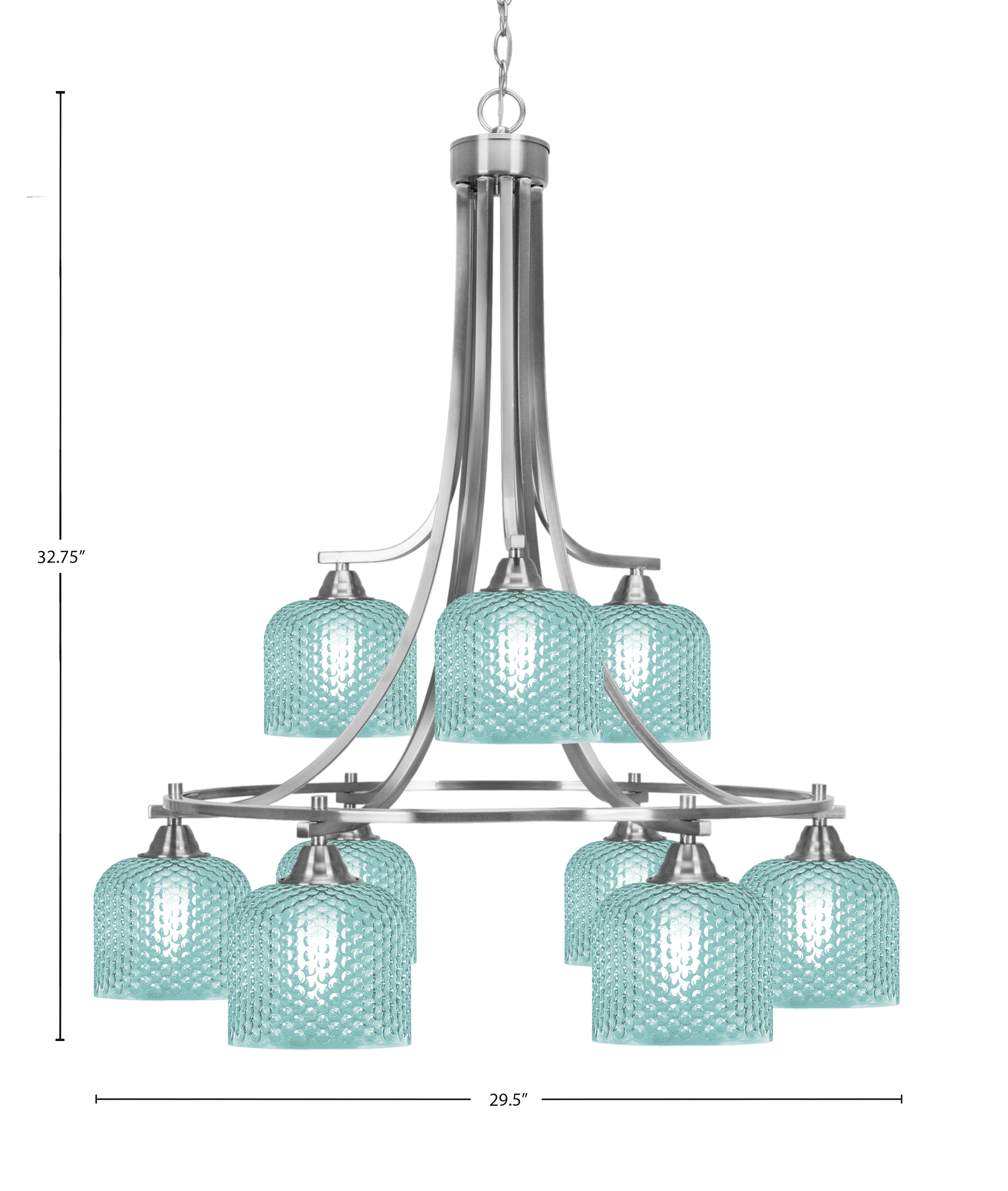 Paramount Nine Light Chandelier in Brushed Nickel with Turquoise Textured Shade