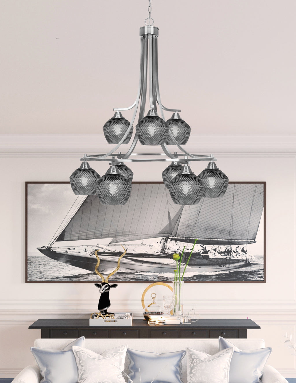 Paramount Nine Light Chandelier in Brushed Nickel with Smoke Textured Shade